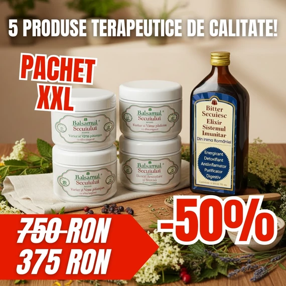 Pachet XXL cu 5 Produse – 2 Balsam pentru Dureri Articulare + 2 Balsam pentru Varice & Vene Păianjen + 1 Elixir Fără Alcool Immun