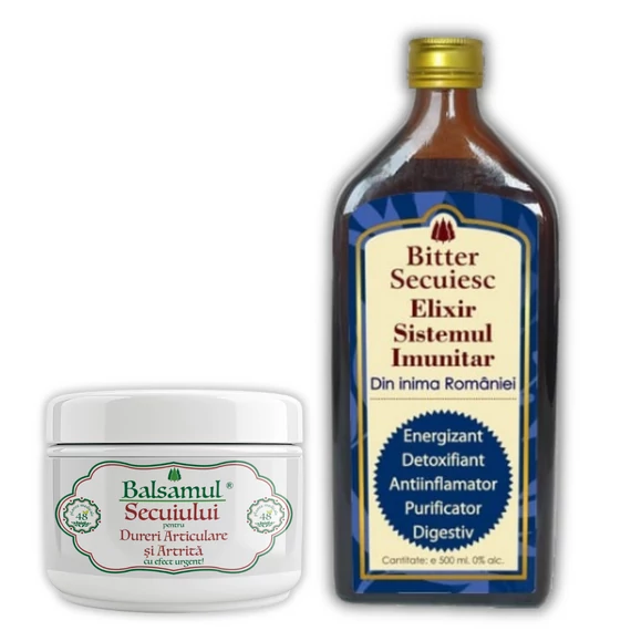 Set Balsamul Secuiesc pentru Dureri Articulare ș Artrită cu 48 plante medicinale 250ml si Bitter Secuiesc Elixir Sistemul Imunitar 500ml