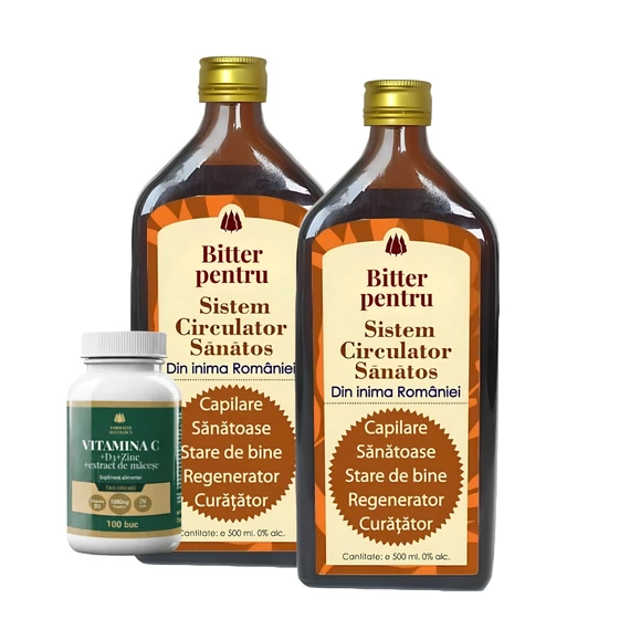 2 buc Bitter Fără Alcool pentru Sistem Circulator Sănătos - Vitamina C 1000mg + D3 + Zinc + Măceșe