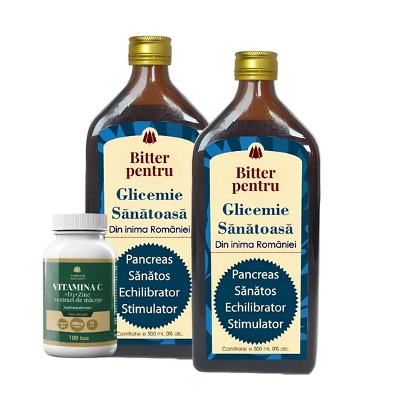 2 buc Bitter Fără Alcool pentru Glicemia Sănătoasă Vitamina C 1000mg + D3 + Zinc + Măceșe